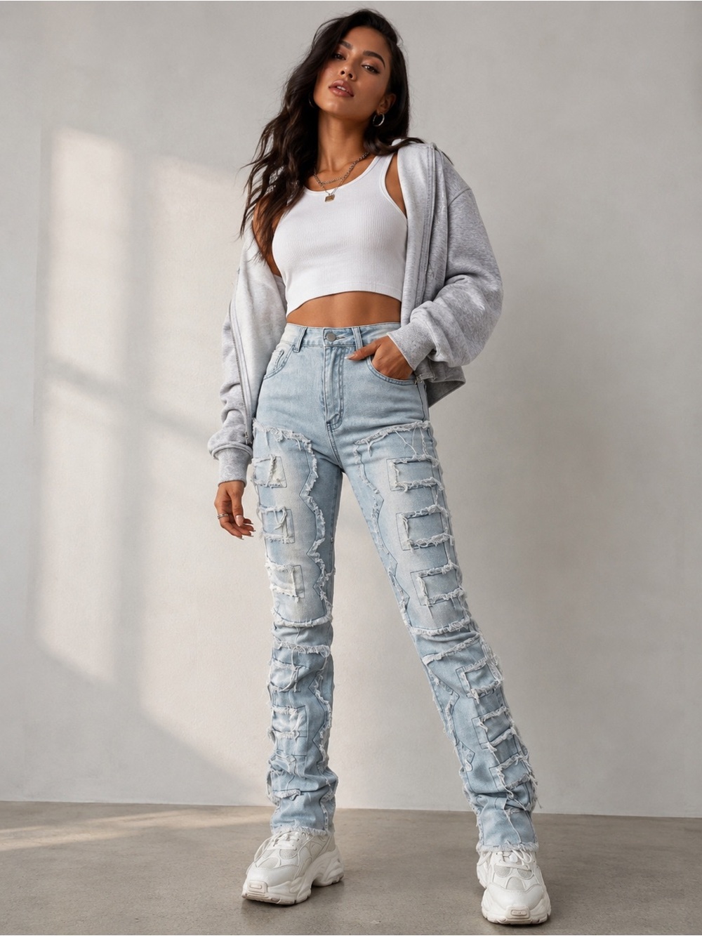 Like New! Stacked High Waist Frayed Patchwork Frayed Hem Light Wash Jeans